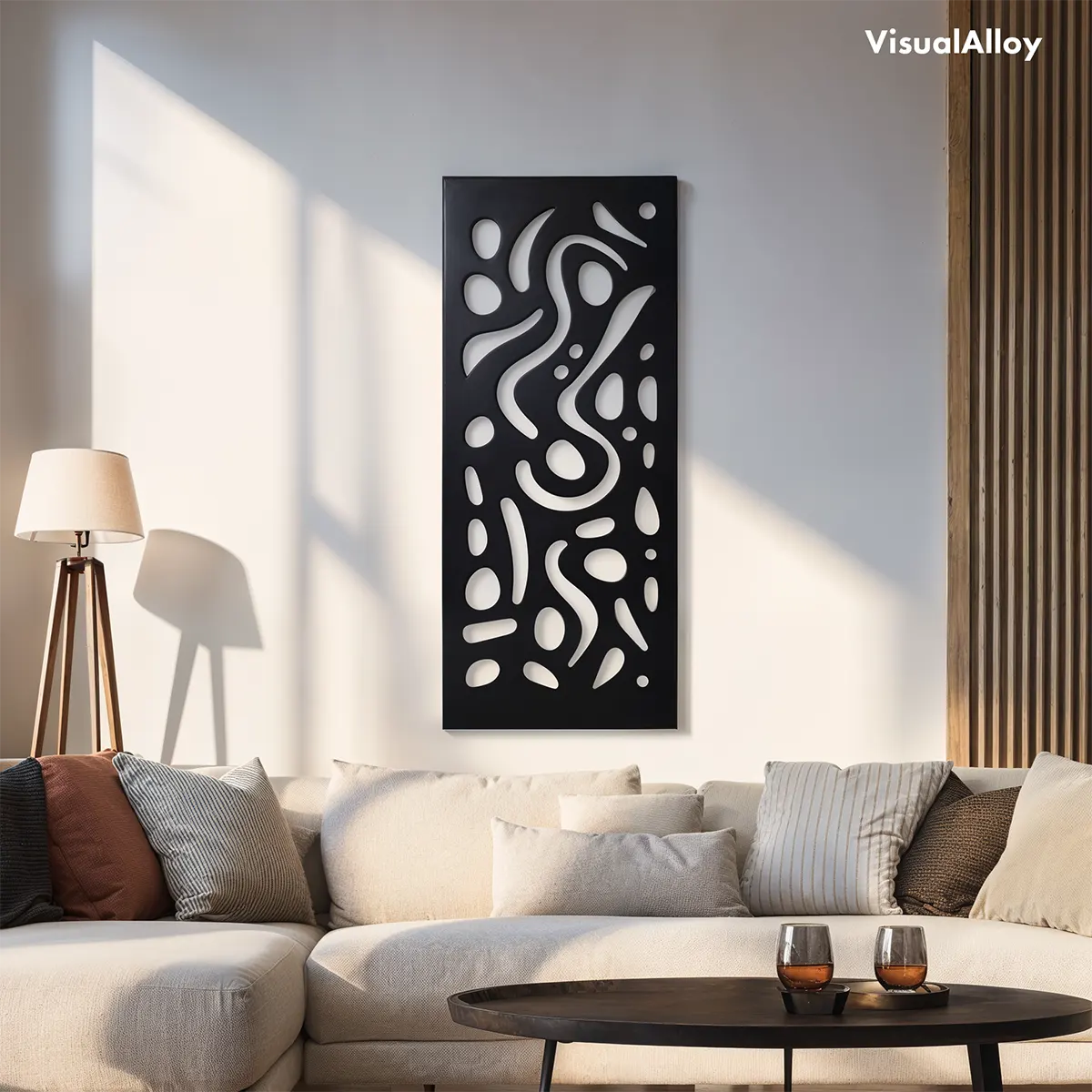 Abstract metal wall art in living room