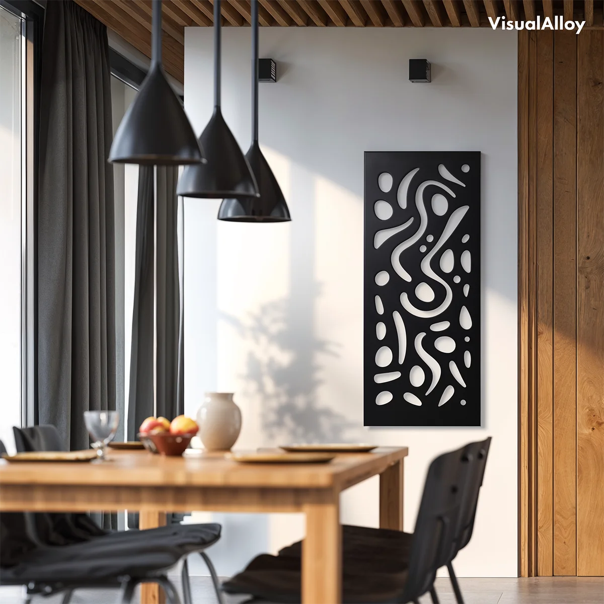 Black abstract metal wall art in kitchen