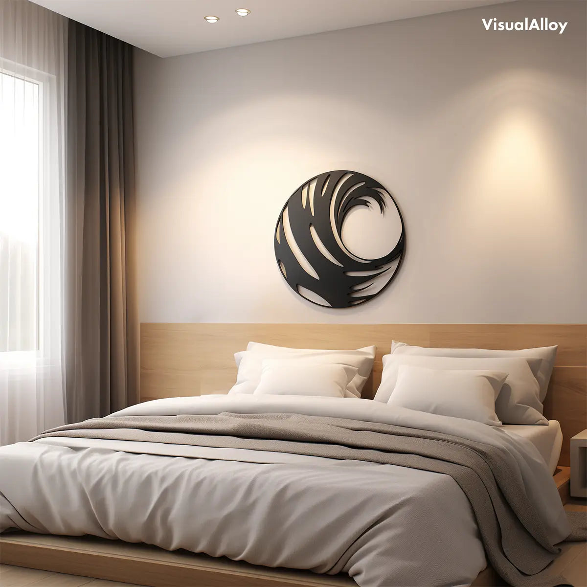 Black metal wall art in bedroom