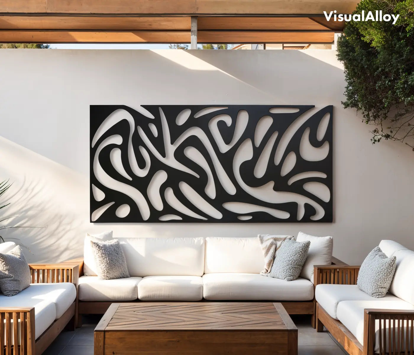 Outdoor metal wall art in patio