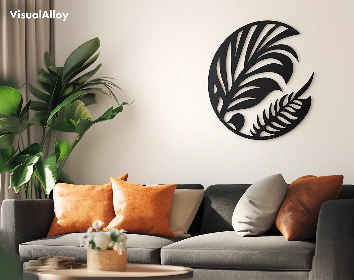 Schwarze Metall Wanddeko für Wohnzimmer - Blatt
