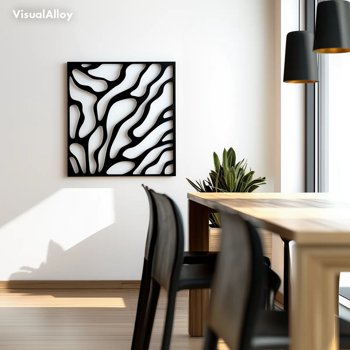 Abstract modern metal wall art in kitchen