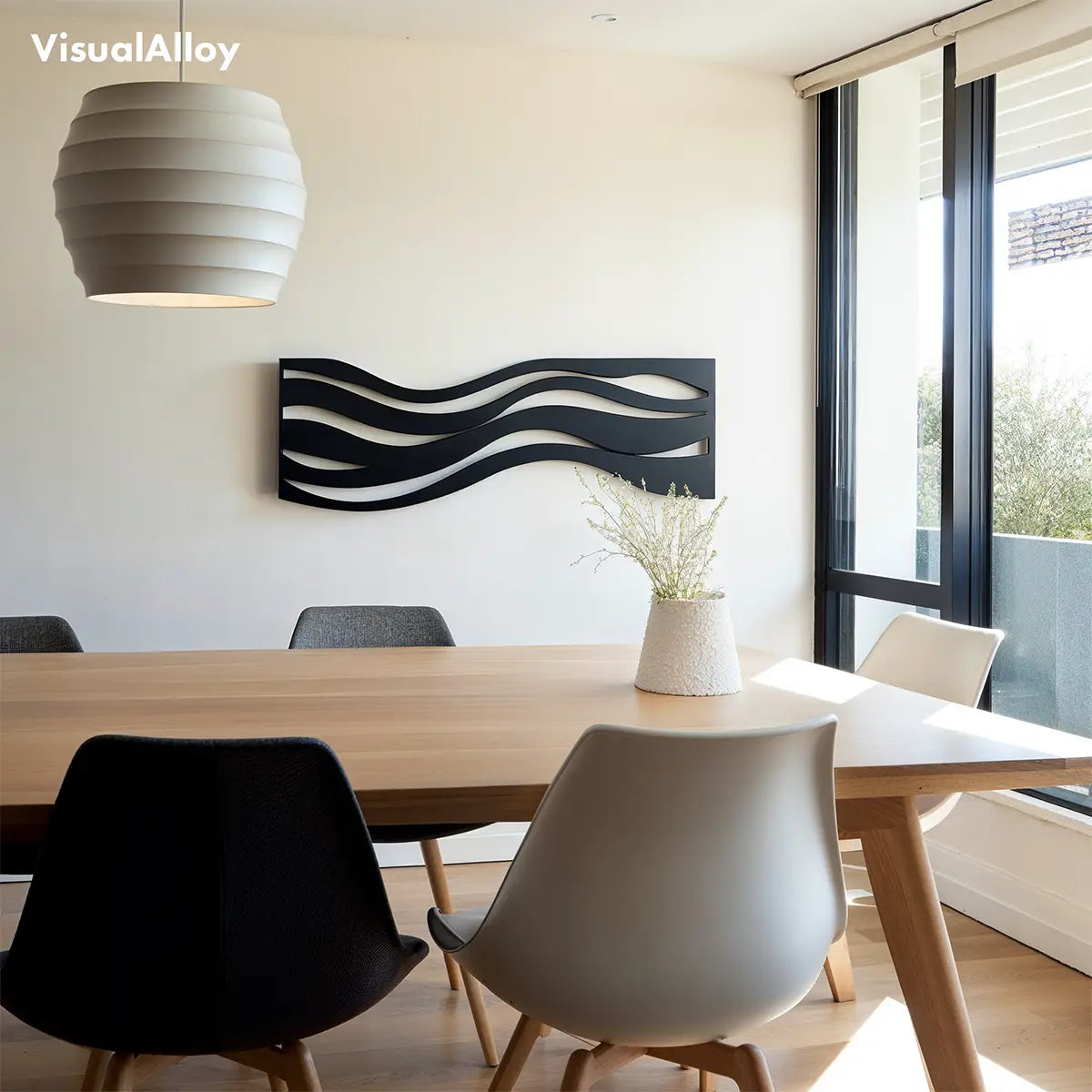Black metal wall art - metal waves - in kitchen