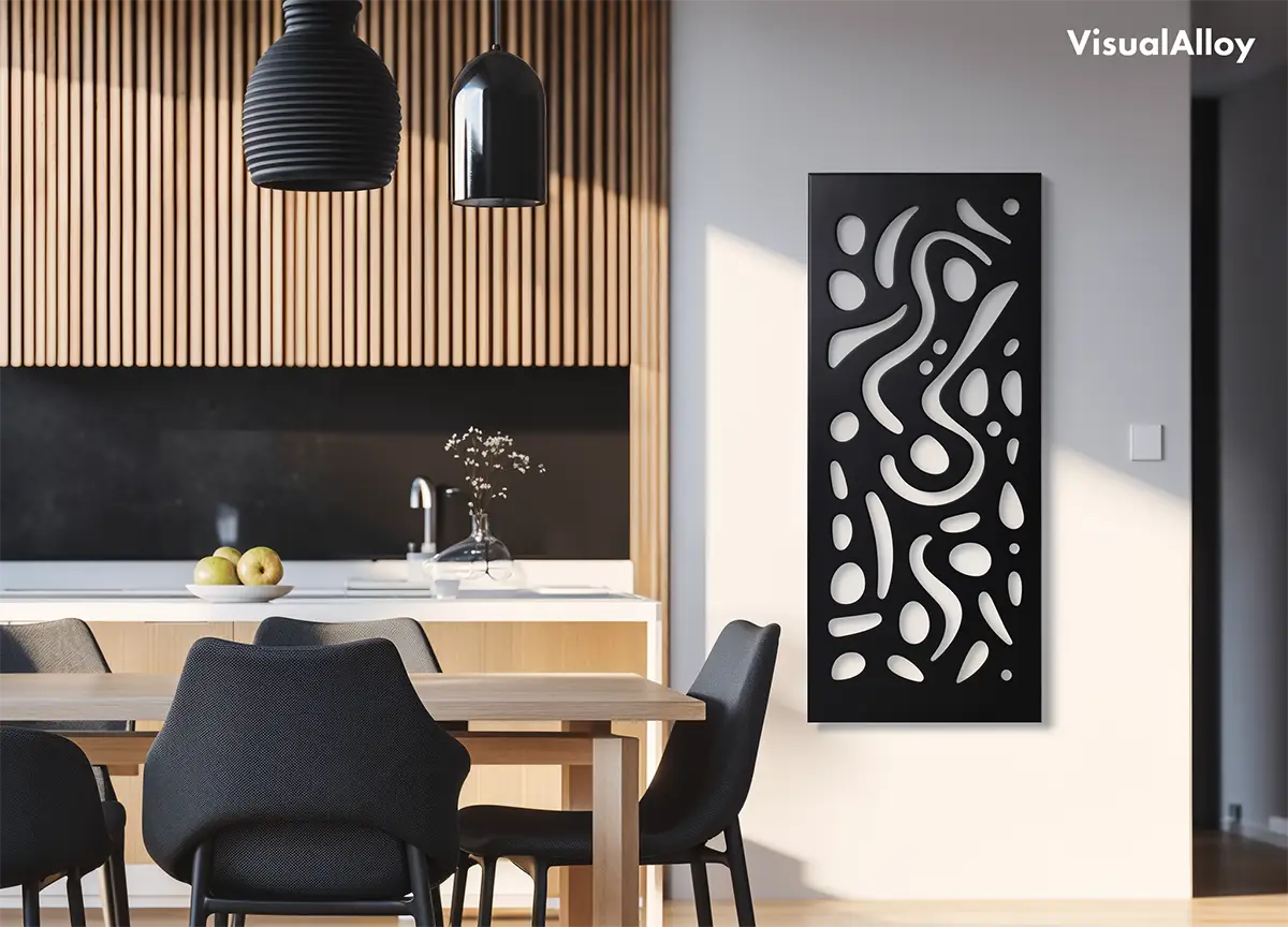 Large abstract metal wall art in kitchen