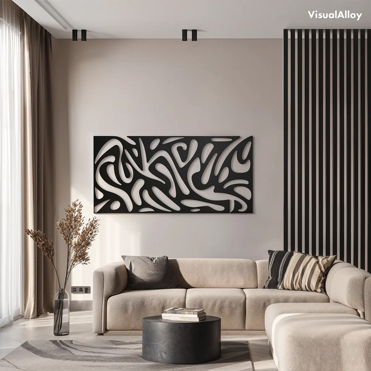 Large abstract metal wall art in living room