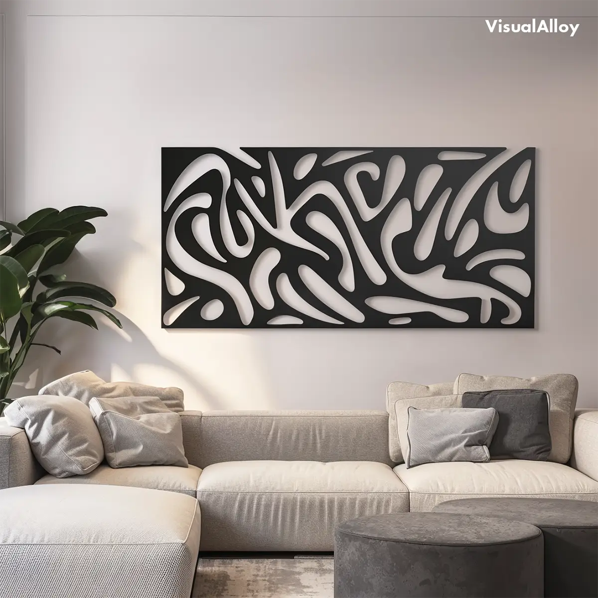 Lage metal wall art above sofa