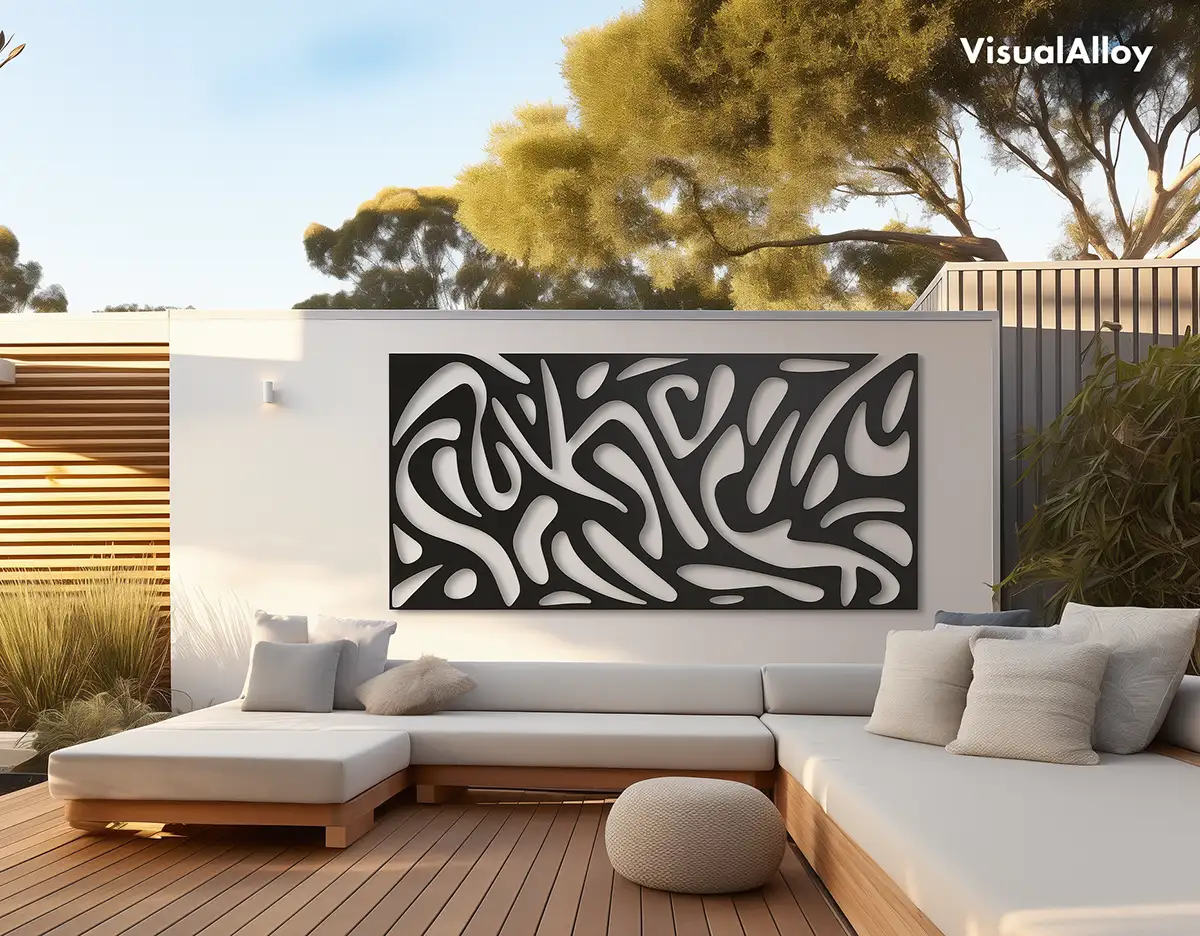 Large metal wall art in backyard