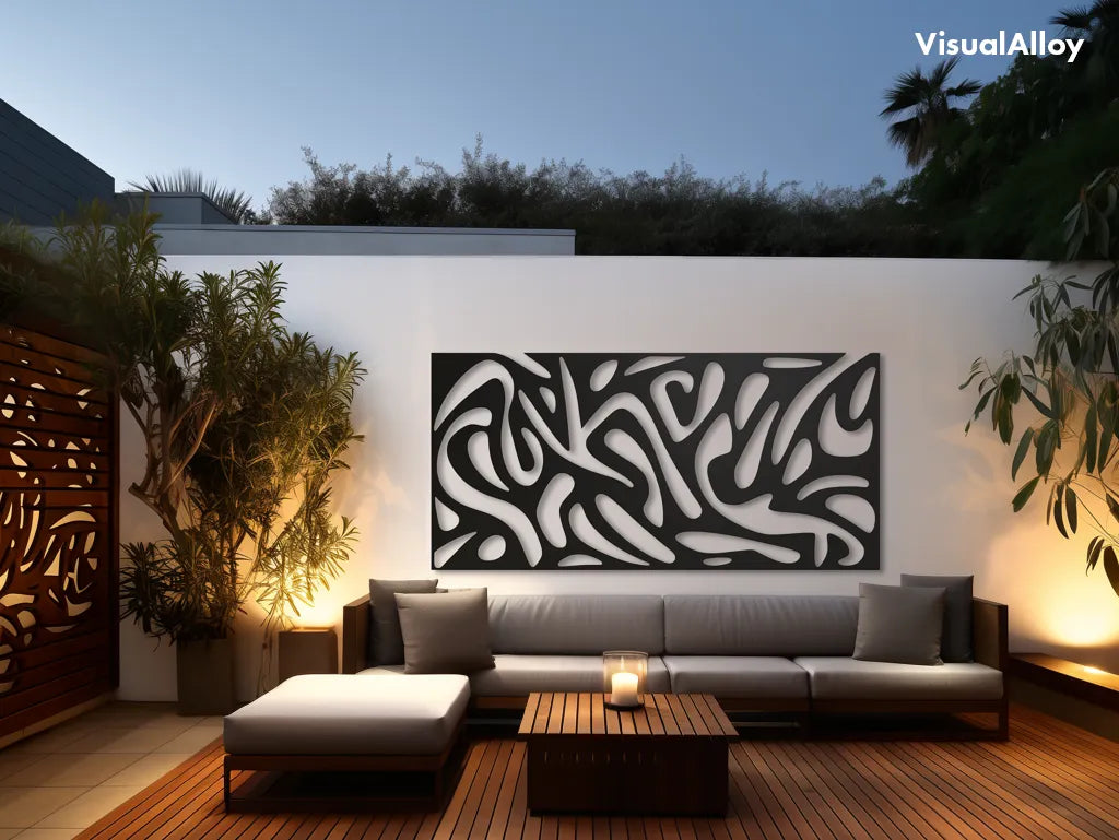 Outdoor metal wall art in dark